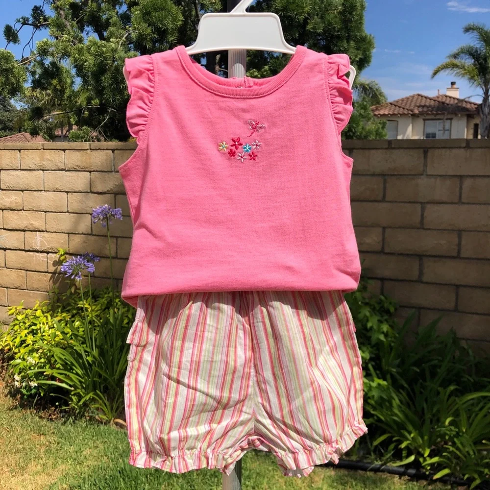 12 Month New Embroidered Flower Butterfly Tee Striped Panty Toddler Infant Girls